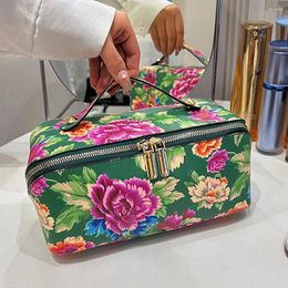 Cosmetic Bags Chinese Style Northeast Big Flower Vintage Bag PU Leather Toiletry Large Capacity Organiser Case For Women