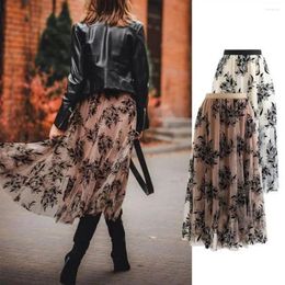 Skirts High Waist Midi Skirt Elegant 3d Embroidered Leaf Print A-line With Double-layered Mesh Tulle Design For Women