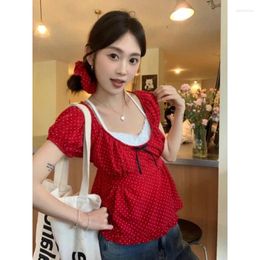 Women's Blouses 2024 Summer Women Shirt Korean O Neck Puff Sleeve Polka Dot Shirts Vintage Streetwear 2 Pieces Set Lace