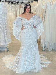 Bohemian Batwing Sleeve Plus Size Mermaid Wedding Dresses Off The Shoulder Appliques Lace Bridal Gowns Vestidos De Novia