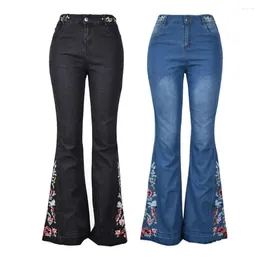 Women's Jeans Women Denim Pants Elastic Waist Trendy Leisure Slim Polyester Flower Embroidered Lady Flared Trousers Pantalones Vaqueros