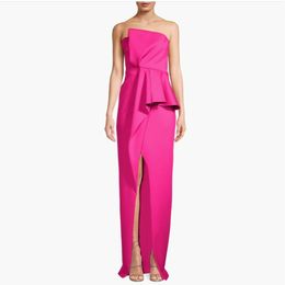 우아한 긴 자홍색 크레페 이브닝 드레스 슬릿 칼집 부추를 입은 바닥 길이 지퍼 백 댄스 파티 드레스