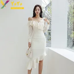 Casual Dresses 2024 Spring/Summer Sexy One Shoulder Slim Strap Off Long Sleeve Ruffle Edge Asymmetric Wrapped Hip Party Dress
