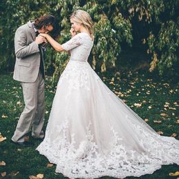Lace Ball Gown Modest Wedding Dresses With Sleeves 2019 Puffy Princess Wedding Gowns Vintage Country Western Bridal Wedding Dress Buttons 242p