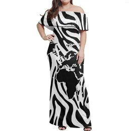 Party Dresses Polynesian Tribal Print Black And White Large Size Elegant Clothing Ethnic Style Ruffled Off-the-shoulder Dress