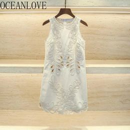 Casual Dresses OCEANLOVE White Embroidered Women Hollow Out Vintage Spring Summer Fashionvestidos Mujer Elegant Sweet Mini Dress