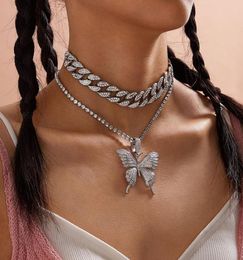 Women Hip Hop Iced Out Bling Butterfly Pendant Layered Necklace Crystal Zircon Women Girl Cuban Chain Choker Statement Necklaces J3556678