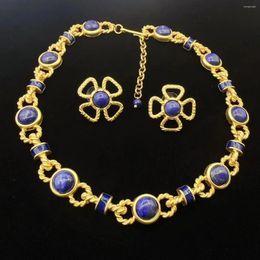 Necklace Earrings Set Lapis Lazuli Light Luxury Heavy Industry Fashionable And Elegant Temperament Flower Copper Plated Gold Earring