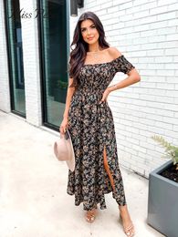 Floral Print Off-the-Shoulder Maxi Dress For Women Sexy Smocked Holiday Beach A-line Split Dress Summer Female Sundress 240423