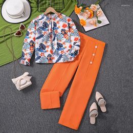 Clothing Sets Autumn Spring Floral Girl Long Sleeve Shirt & Orange Pants Fashion For 8-12Ys Kids Outfit Vacation Party Daily Casual