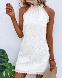 Casual Dresses Elegant For Women Dreee Sexy 2024 Summer O-Neck Sleeveless Scallop Trim Eyelet Embroidery Design Mini Dress