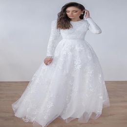 Long Sleeves Lace A-line Modest Wedding Dresses Jewel Neck Sweep Train Simple Vintage Lace LDS Bridal Gowns Custom Made 259a