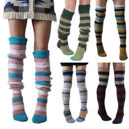 Women Socks Knitted Stockings Fashion Autumn Winter Leisure Style Mixed Colour Stripes Knee-High Long