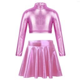 Clothing Sets Girls Kids Metallic Skirts Set Long Sleeve Mock Neck Crop Tops Mini Short Skirt Outfits Modern Dancing Costumes Jazz