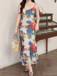 Plus Size Dresses V-neck Oblique Cut Large Flower Spaghetti Strap Dress Women Summer 2024 Good Quality Oil Painting Print Mermaid