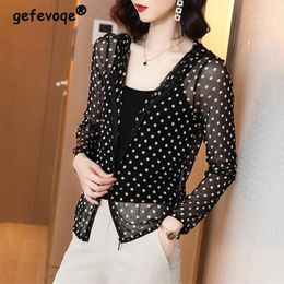 Women's Blouses Sunscreen Clothing For Women Summer Sexy Sheer Mesh Polka Dot Leopard Print Thin Zipper Cardigan Long Sleeve Hooded Shirts