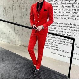 Men's Suits Luxury For Men Red White Rose Print Wedding Set Male Smoking Homme Mariage Costume 3 Piece