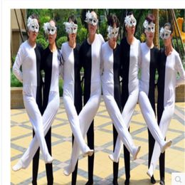 Stage Wear Black white optical illusion leg Siamese dance costumes Adult child Russian QERFORMANCE clothing personality ballroom dress 308K