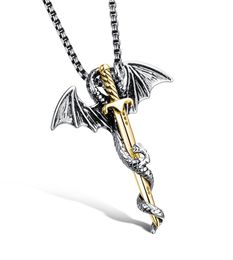 Punk Dragon Sword Men Pendant Necklace Cool Gold Color Stainless Steel Men Jewelry Link Chain Charm Accessory Collar Hombre GX937683378