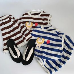 Clothing Sets Children Suit 2024 Summer Cartoon Print Boy Handsome Casual Striped Vest And Shorts Simple Two-piece Set