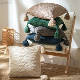 Twill Knit Cuhion Cover 45x45cm Solid Pillow Cove Ivory Beige Green Grey Tassels Home decoration Pillow Case Square For sofa Bed 240430