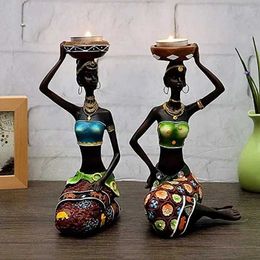 Candle Holders Vintage Candle Holder Resin Candlestick African Women Figurines Black Figure Statue Retro Sculpture Living Room Table Home Decor T240505