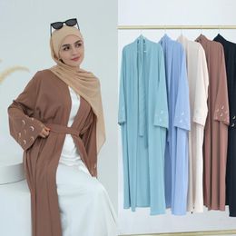 Ethnic Clothing Kimono Abaya Dubai Moon Embroidery Islamic Muslim Women Outwear Modest Kaftan Turkish Ramadan Eid (No Inner No Scarf)