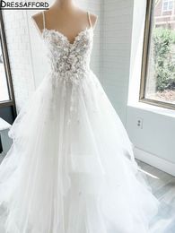 Real Image Spaghetti Straps Ruffles A-Line Wedding Dresses Illusion 3D Flowers Appliques Lace Bridal Gowns Vestidos De Novia