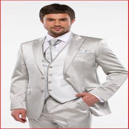 Custom Made Groom Tuxedos Shiny Silver Groomsmen Peak Lapel Best Man Suit Bridegroom Wedding Prom Dinner Suits Jacket Pants Tie Vest K6 338y