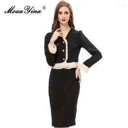 Work Dresses MoaaYina Autumn Fashion Runway Black Vintage Skirt Set Women V Neck Button Ruffles Slim Coats Package Buttocks 2 Piece