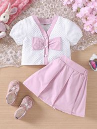 Clothing Sets Girls' Summer Little Fragrance Fashion Suit V-Neck Bow Cardigan Pink Pleated Skirt Two-Piece Set