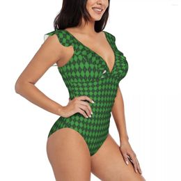 Women's Swimwear Sexy One Piece Swimsuit Push Up St. Patricks Day Argyle Plaid Women Ruffle Monokini Bodysuit Bathing Suit