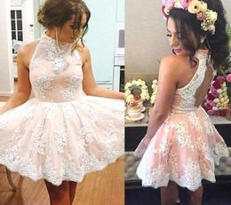 2020 Short Lace Halter Homecoming Dresses Backless A Line Prom Cocktail Party Gowns 8th Grade Graduation Gowns2439753