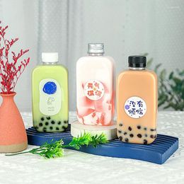 Water Bottles 400ml Flat Square Bottle Drink With Lids Caps Juice Cup Milk Tea Cold Portable Drinking