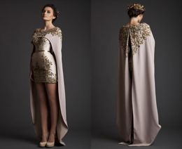 2017 Vintage Krikor Jabotian Evening Dresses Sheath Long Separate Cape Embroidery Satin Short Champagne Prom Dresses4917705