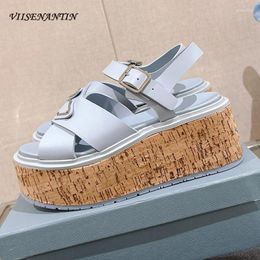 Dress Shoes Wood Grain Thick Bottom Rubber Sandals Women Cross Strap Height Increasing Platform Flat Summer Open Toe High Heel