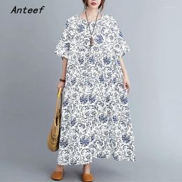 Party Dresses Short Sleeve Oversized Cotton Linen Vintage Floral For Women Casual Loose Long Woman Summer Dress Elegant Clothes 2024