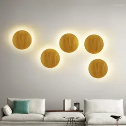 Wall Lamps Personality Art Wooden Round LED Lamp Modern Living Room Sofa Background Aisle Bedroom Bedside Sconce