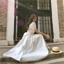 Party Dresses Fashion Women Retro Dress French Irregular Yellow White Puff Sleeve Back Bow Tie Midi A Line Waisted Slim Holiday