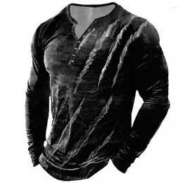 Men's Casual Shirts Vintage T Shirt Henley Graphic T-shirts 3D Print Outdoor Daily Long Sleeve Oversized Tee Button-Down Men Clothes