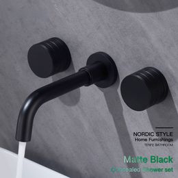 Luxury black brass bathroom faucet with wall-mounted design 3-hole double-handle cold and hot dual-control basin Tap