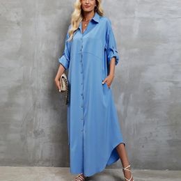 Fashion Women Loose Polo Long Sleeve Solid Colour Shirt Dress Beach Coverups For Bathroom Summer