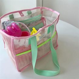 Ins Pink Green Contrast Beach Bag Childrens Toy Mesh Portable Storage Bag Outdoor Travel Swimming Toiletry Storage Bag 240424