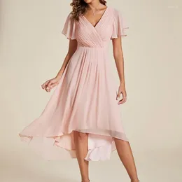 Party Dresses Simple Sweet Solid Cross V Neck Design Ruffle Short Sleeve Vestidos Mid-length Spring Summer Soft Chiffo Gown Elegant Robe