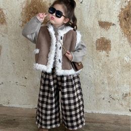 Clothing Sets 2024 Winter Toddler Girl 3PCS Clothes Set Turtleneck Sweater Plaid Fleece Pant Suit Suede Solid Woollen Coat Vest Kid Outfit
