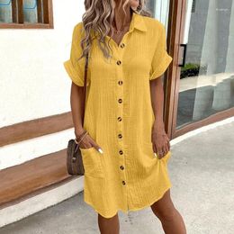 Party Dresses Female Shirt Dress Spring Summer Short Sleeve Turn-down Collar Solid Button Pocket Fashion Elegant Casual Women