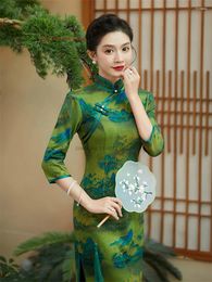 Ethnic Clothing 2024 Chinese Vintage Qipao Dress Mandarin Collar Improved Cheongsam National Flower Print Evening Banquet Folk