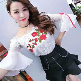 Women's Blouses Summer Sweet Bow Floral Embroidery Lace Blouse Women Short Sleeve Slash Neck Mesh Ladies Slim Shirt Blusas Tops