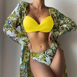 Women's Swimwear Sexy Swimsuit Split Bikini Three-Piece Set Flat Angle High Waist Long Sleeve Cover Ups Beach Wear Bathing Suit Tankini