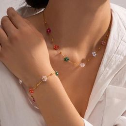 Necklace Earrings Set Colorful Flower Chain Stainless Steel Bracelet Plating Waterproof Jewelry For Ins Exquisite